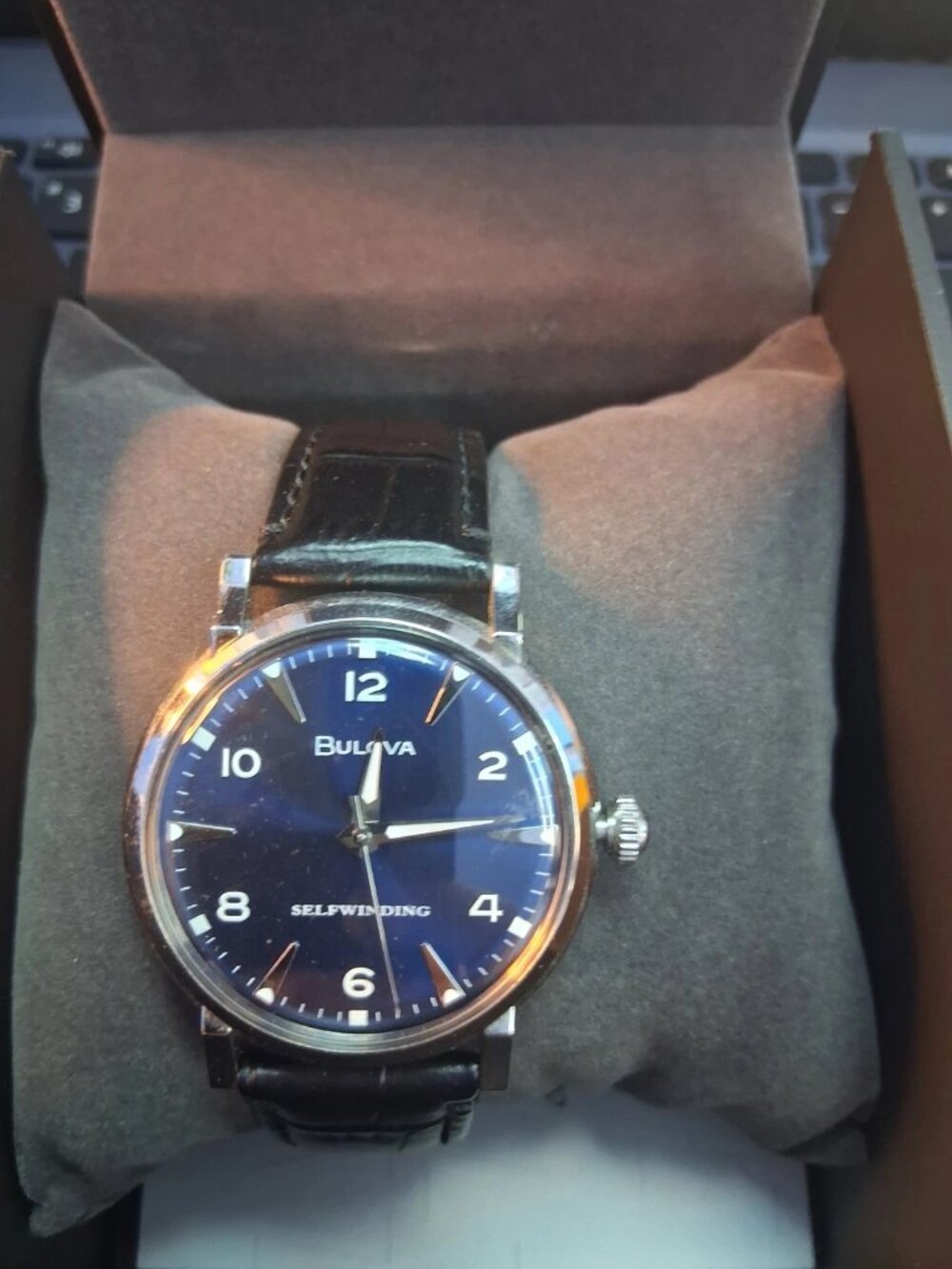 Bulova American Clipper Blue Men Leather Black Strap Watch 96A242 limited